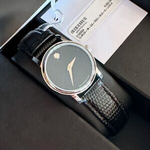 Movado Swiss Quartz Alligator Museum Watch Black Leather New in box